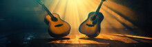 Two Classical Acoustic Guitars On With Warm Sun Rays Light Effects On Dark Banner Background.