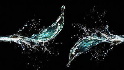 Wall Mural - shape form droplet of water splashes into drop water attack fluttering in air splash water for texture graphic resource elements black background isolated series two of images