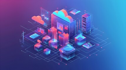 Isometric Data Center and Cloud Computing Concept Art