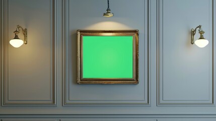 Wall Mural - Old-fashioned wooden frame with green screen background. Empty space for photo or art picture hang. White wall background. Blank place mock up with chroma key. Chromakey mockup. Gallery interior.