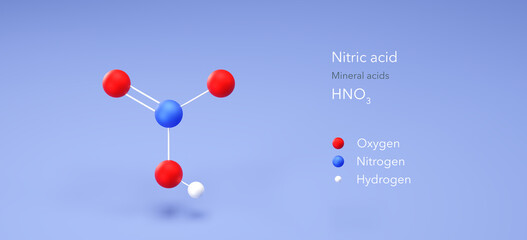 Poster - nitric acid molecule, molecular structures, oxidizing acids, 3d model, Structural Chemical Formula and Atoms with Color Coding