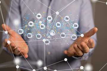 Fototapete - Connecting people on the internet, nodes transforming. Social network connections. Information technology of internet of things IOT big data