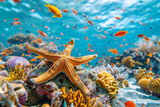 Fototapeta Zwierzęta - Colorful tropical starfish and fish in a coral reef