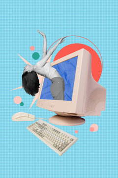 Vertical collage image of mini black white effect girl inside big computer monitor keyboard mouse isolated on checkered blue background