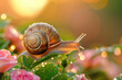 snail in garden with morning dew