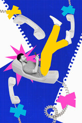 Poster - Vertical collage of astonished mini black white colors guy use smartphone lay huge retro cable telephone notepad pages isolated on blue background