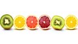 Isolated tropical fruits slices. Fresh exotic fruits cut in half (maracuya, kiwi, mangosteen, pineapple, dragonfruit) in a row isolated on white background with clipping path.


