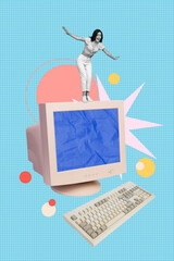 Poster - Vertical collage picture of excited mini black white colors girl stand balancing huge computer monitor isolated on checkered blue background