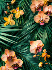 Wall Mural - Creative layout made with tropical palm leaves and pastel orchid flowers. Creative spring or summer background.