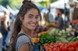 A beautiful woman smiling and talking to her boyfriend at an outdoor farmers market in the summer, surrounded by fresh produce and bustling crowds of people. 