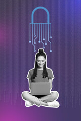 Aufkleber - Trend artwork 3D photo collage composite image of smiled lady sit lotus hold in hand laptop cyber attack private security protection