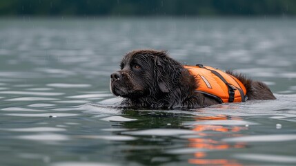 Photo of a rescue dog on the water. A large Newfoundland dog floats in a life jacket on the river