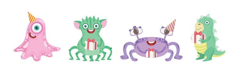 Wall Mural - Toy Monster With Birthday Party Object Vector Set