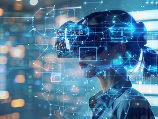 Poster - Image depicting a young woman immersed in a complex virtual reality environment with dynamic data visualizations surrounding her.
