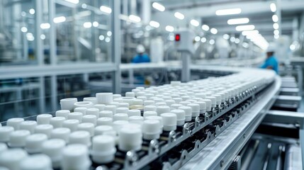 Wall Mural - Close-up of pharmaceutical products on a conveyor belt in a modern factory