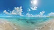 Wide-Angle Panorama, unspoiled beach, bright blue water, untouched allure, nature