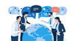Global trade, investing, ecology. The team discusses global investing while standing by a globe.. Business vector illustration.