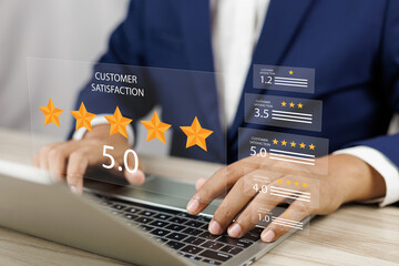 Wall Mural - evaluating 5-star customer satisfaction, online survey for quality service experience online applica
