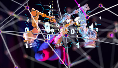 Poster - Neural network 3D illustration. Big data and cybersecurity - 3d