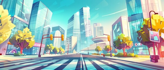 Poster - a modern cityscape depicted with a glass skyscraper and tower, a road intersection and an overpass b