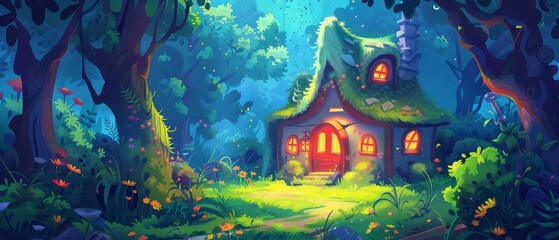 Wall Mural - This cartoon fairytale summer woods landscape depicts a tiny house with doors, windows, and lantern in the forest with green trees and glowing neon flowers.