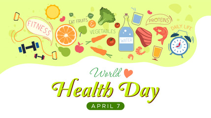  Vector commemorates world health day. Celebrating Health Day, April 7th. Body health awareness. The importance of maintaining health. Design concept about healthy living