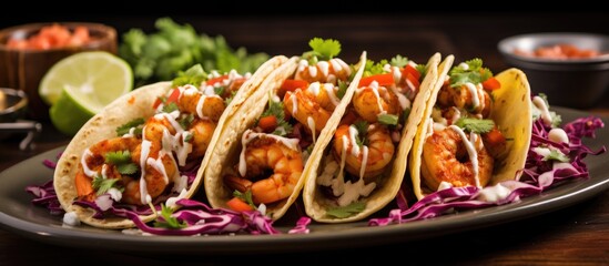 Wall Mural - A closeup shot of a plate of shrimp and cabbage tacos on a table. This fast food dish features a combination of meat, leaf vegetable, and fresh produce