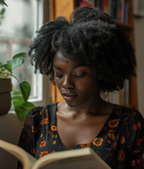 Wall Mural - Young black woman reading a book