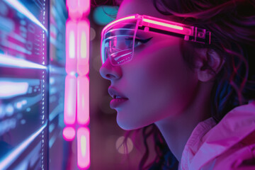 Wall Mural - futuristic online shopping technology, females wear visual with pink neon backlights, buying online.