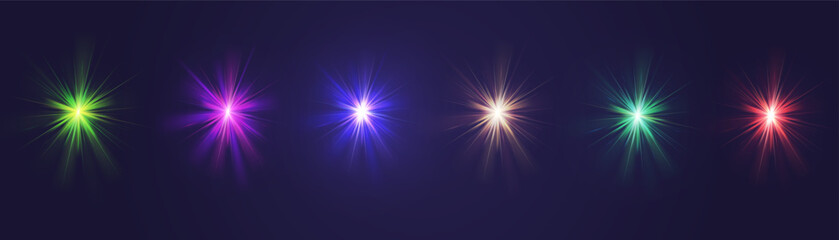 Sticker - Crystal star. Crystal ray light, sun shines rainbow red yellow and blue color. Optical fire light effect. Vector lens glare leakage glare reflection effect. sunlight sparkle shine. Sunbeam