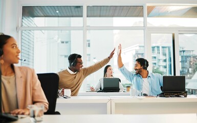 Aufkleber - Happy business people, call center and high five in teamwork, winning or promotion together at office. Businessman touching hands in customer service, telemarketing or success for contact us or sale