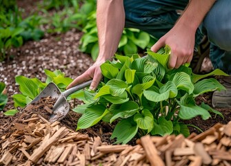 Working in the organic vegetable garden, taking care of young seedlings and transplanting young plants into the garden soil.