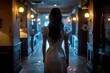 A long-haired woman in white dress stands contemplatively in a dim, atmospheric vintage corridor with warm lighting