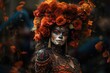 Mexican holiday of the dead. Young beautiful woman with makeup on her face in the form of a skull and flowers on her head.