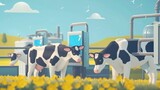 Dairy farm operations, animated cows being milked with high-tech machinery