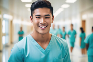 Portrait of happy male doctor. Beautiful and satisfied healthcare worker in clinic looking at camera. 2/3 space for text. medical worker day concept.