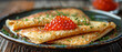 Folded pancakes with red caviar on the plate. Wooden table. Horizontal banner 7:3