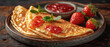 Folded pancakes with fresh strawberry on the plate on the wooden table. Horizontal banner 7:3