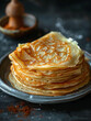 Stack of thin pancakes on plate. Vertical banner 3:4