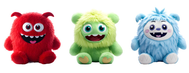 Colorful Cute Monster Stuffed Animal Toy Set in 3D Cartoon Illustration, Isolated on Transparent Background, PNG