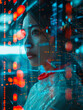 © yaqui_villegas - Futuristic woman surrounded by data interfaces and cyber elements in a neon-lit scene