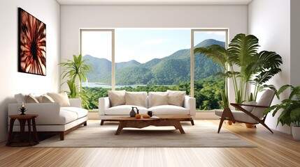 Canvas Print - Modern living room interior design with sofa and plant - 3D Rendering