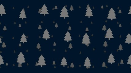 Poster - Fir-tree symbols float horizontally from left to right. Parallax fly effect. Floating symbols are located randomly. Seamless looped 4k animation on dark blue background