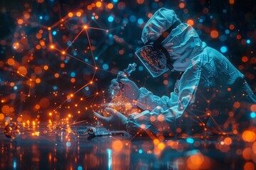 Poster - A scientist in protective gear meticulously studies samples, surrounded by complex networks of data points and light trajectories