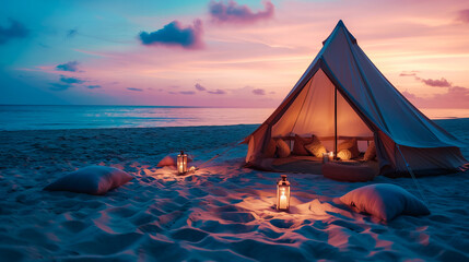 Wall Mural - Luxury Tent by the Shore. Sunset Romance on the Beach. Relaxing by the Ocean