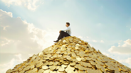 Wall Mural - A man lies on a mountain of gold coins
