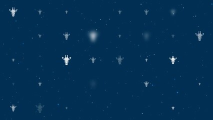 Poster - Template animation of evenly spaced giraffe head symbols of different sizes and opacity. Animation of transparency and size. Seamless looped 4k animation on dark blue background with stars