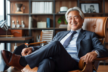 mature asian smart businessman sitting in modern office. business people concep