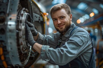 Confident mechanic performing maintenance on aircraft landing gear in a hangar