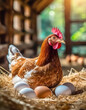 A hen on an organic farm, sitting on eggs on straw in a chicken coop 